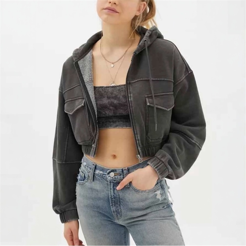 Urban Outfitters Yogi Fleece Cropped Zip-Up Hoodie in Washed Gray Sz S